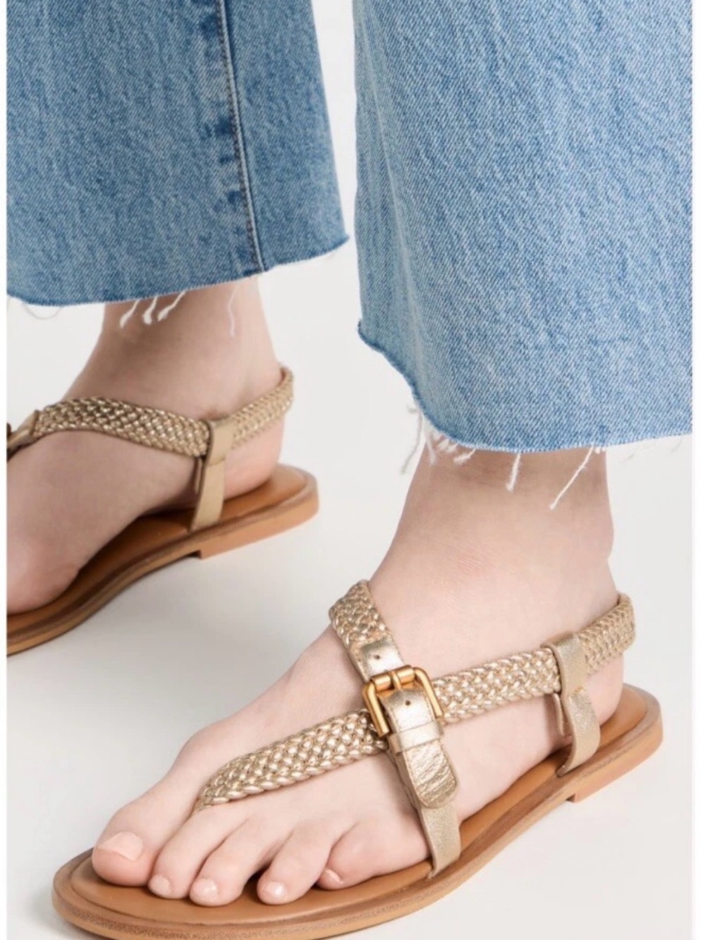 See by Chloe Nola Flat Woven Leather T-Strap Sandals in Gold - Women's 37